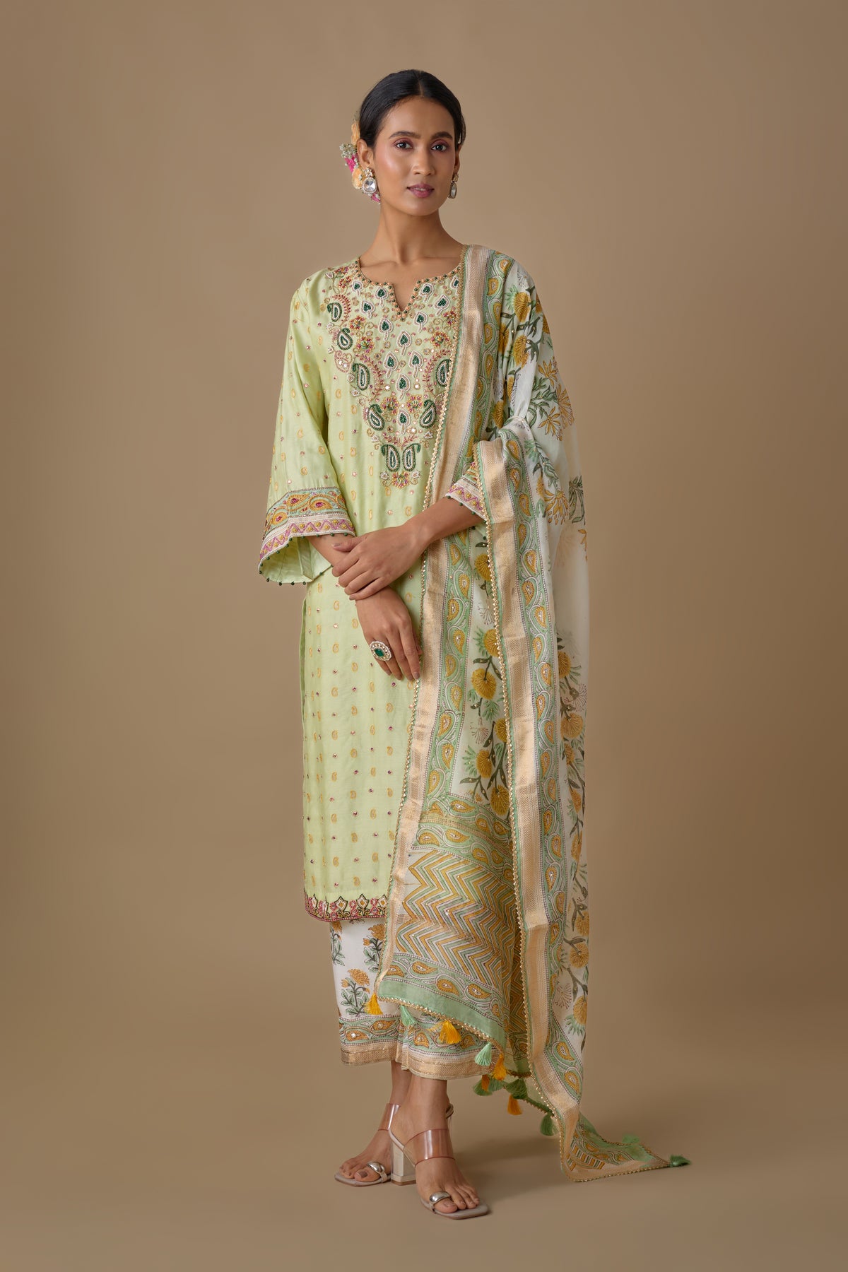 GREEN SILK HAND EMBROIDERED KURTA SET