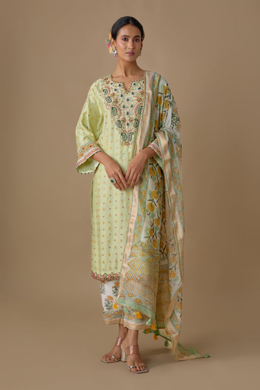 GREEN SILK HAND EMBROIDERED KURTA SET