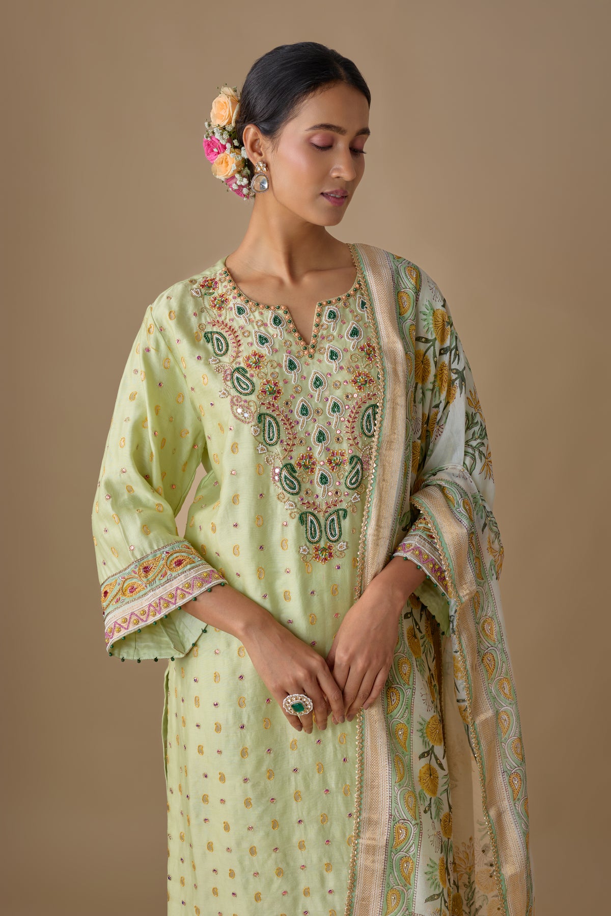 GREEN SILK HAND EMBROIDERED KURTA SET