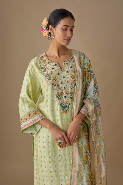 GREEN SILK HAND EMBROIDERED KURTA SET