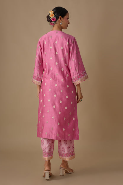 PINK SILK HAND EMBROIDERED KURTA SET