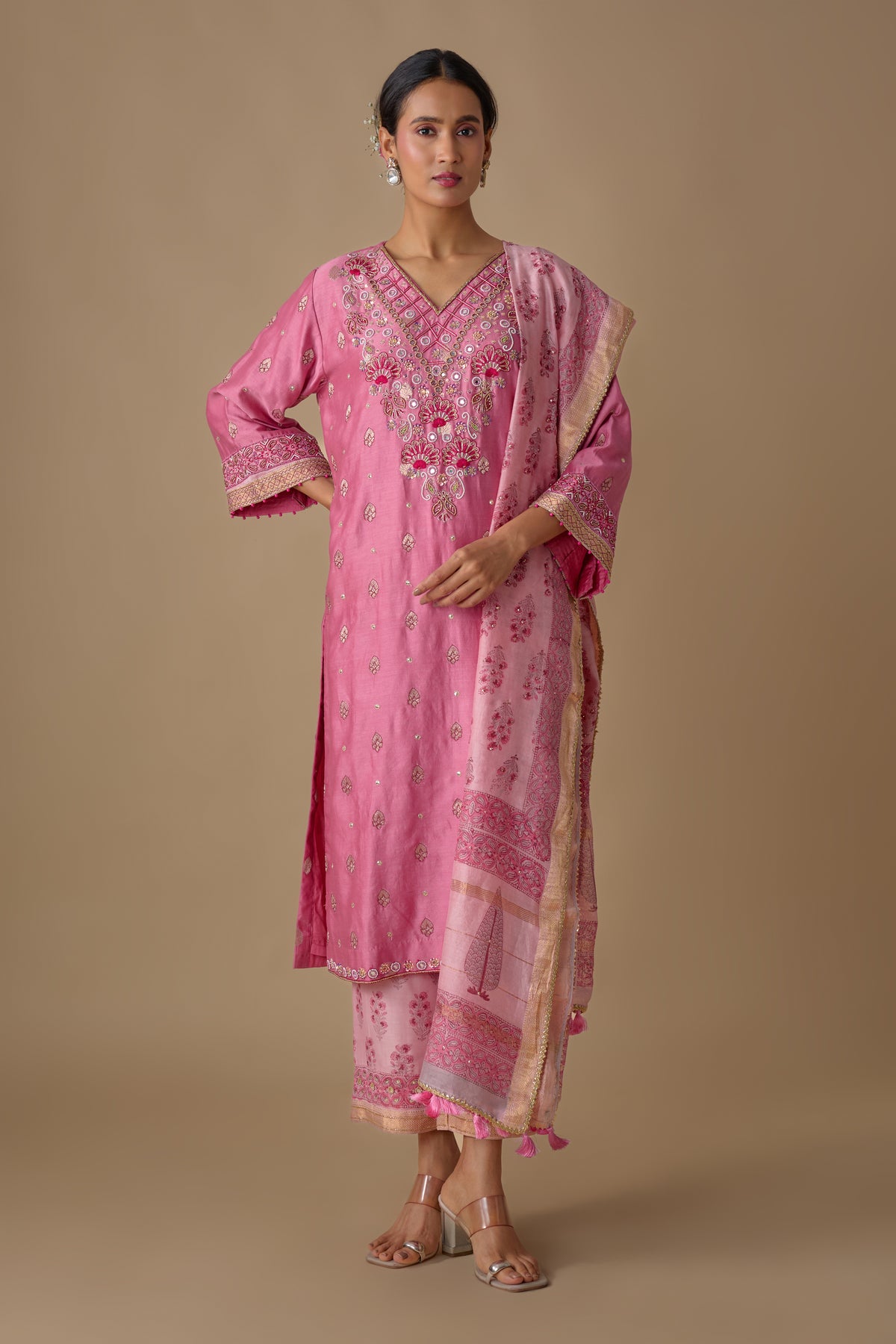 PINK SILK HAND EMBROIDERED KURTA SET