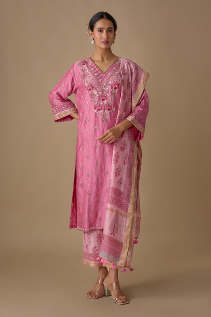 PINK SILK HAND EMBROIDERED KURTA SET