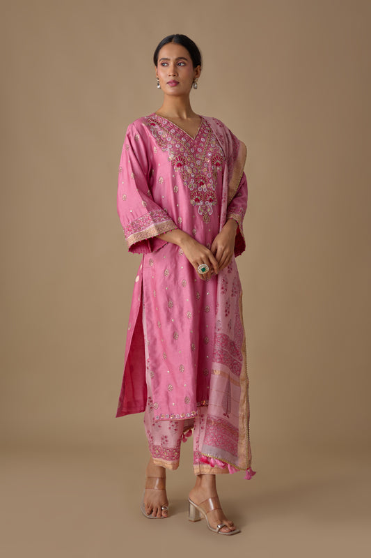 PINK SILK HAND EMBROIDERED KURTA SET