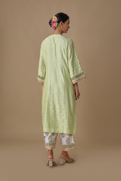 GREEN SILK HAND EMBROIDERED KURTA SET