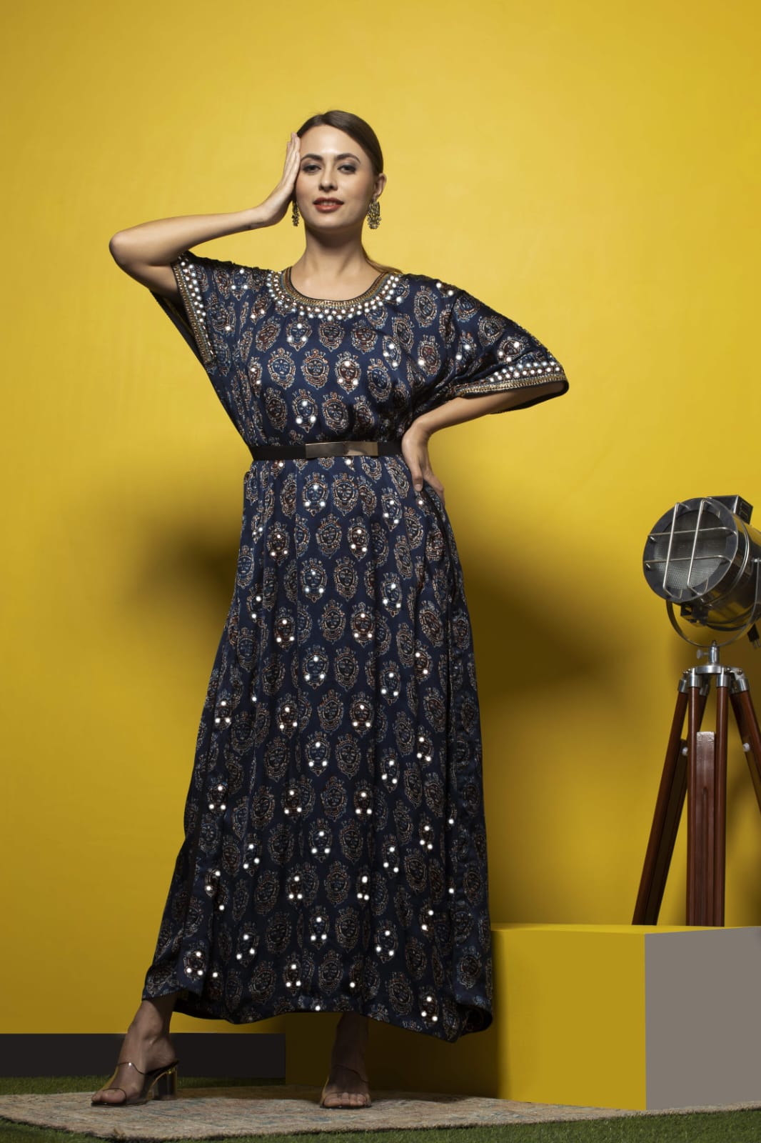 BLUE EMBROIDERED AJRAK KAFTAN