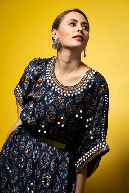 BLUE EMBROIDERED AJRAK KAFTAN