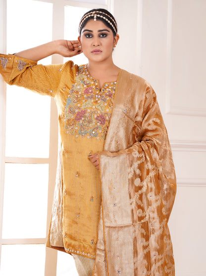 Yellow Muga Silk Embroidered Kurta Set