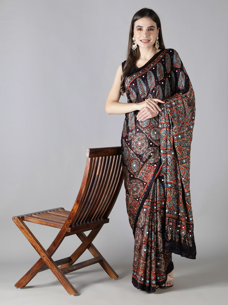 Charcoal Black Ajrakh Saree