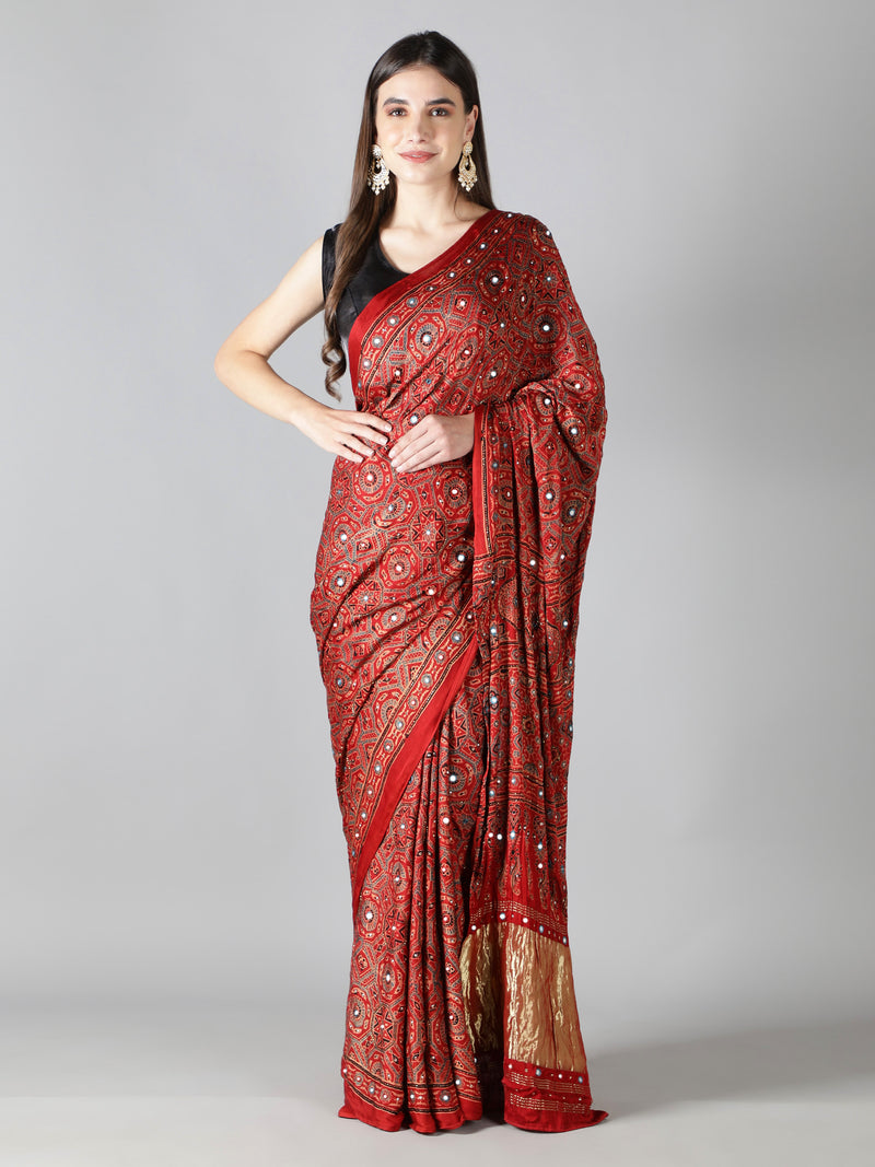 Vermillon Red Ajrakh Saree