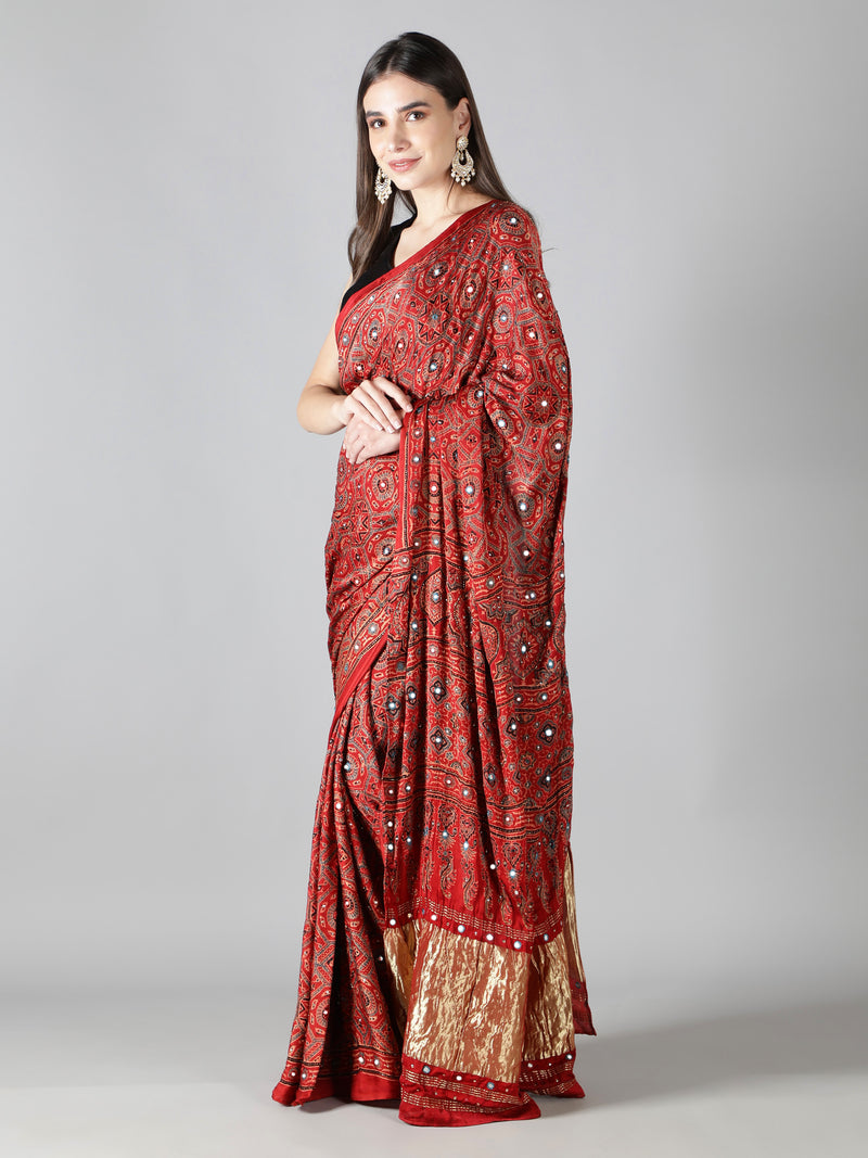 Vermillon Red Ajrakh Saree