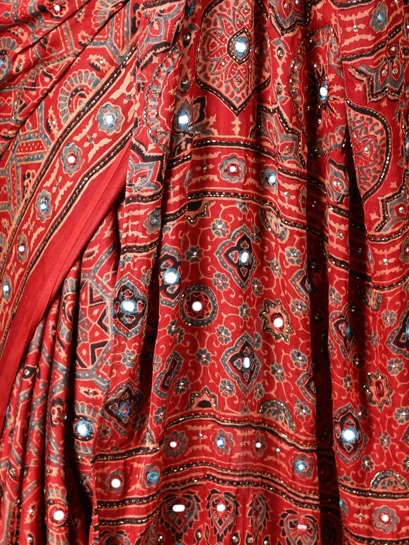 Vermillon Red Ajrakh Saree