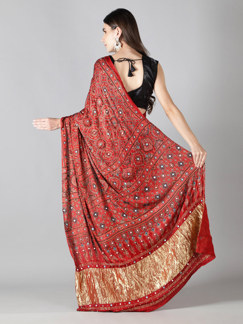 Vermillon Red Ajrakh Saree