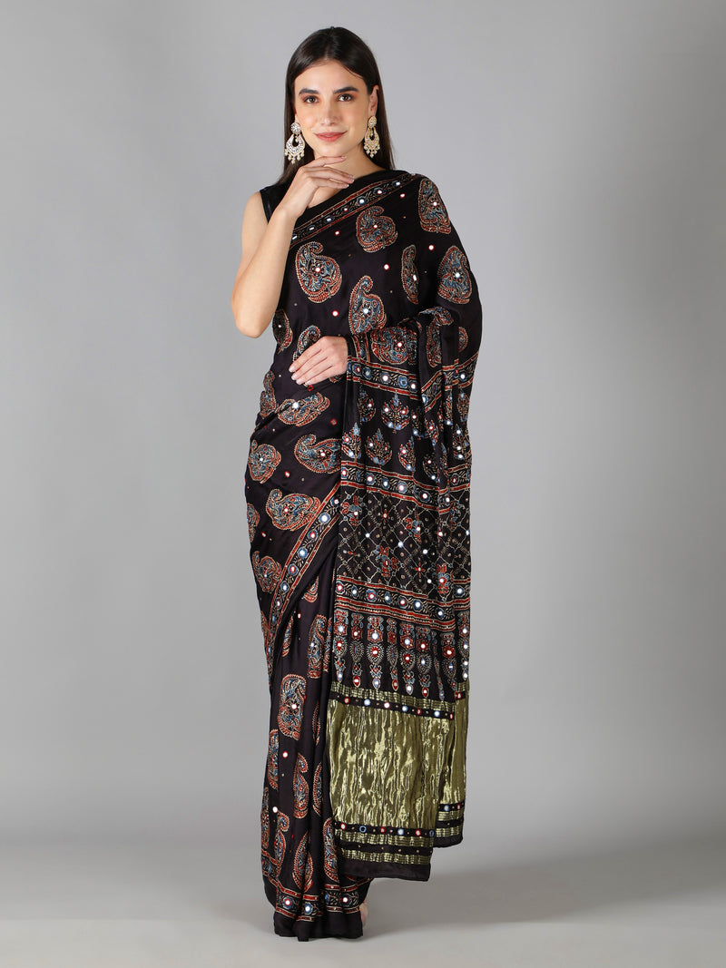 Midnight Black Paisley Ajrakh Saree With Zari Pallu