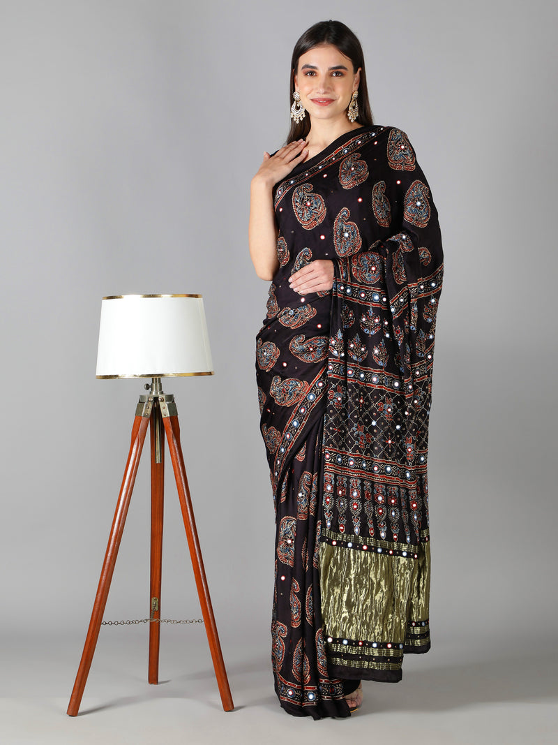 Midnight Black Paisley Ajrakh Saree With Zari Pallu