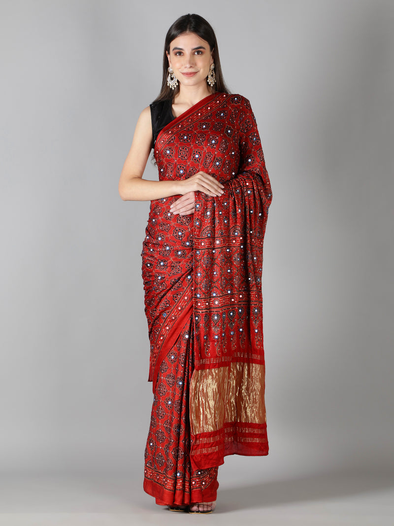 Vermillon Red With Turquoise Accents Ajrakh Saree With Zari Pallu