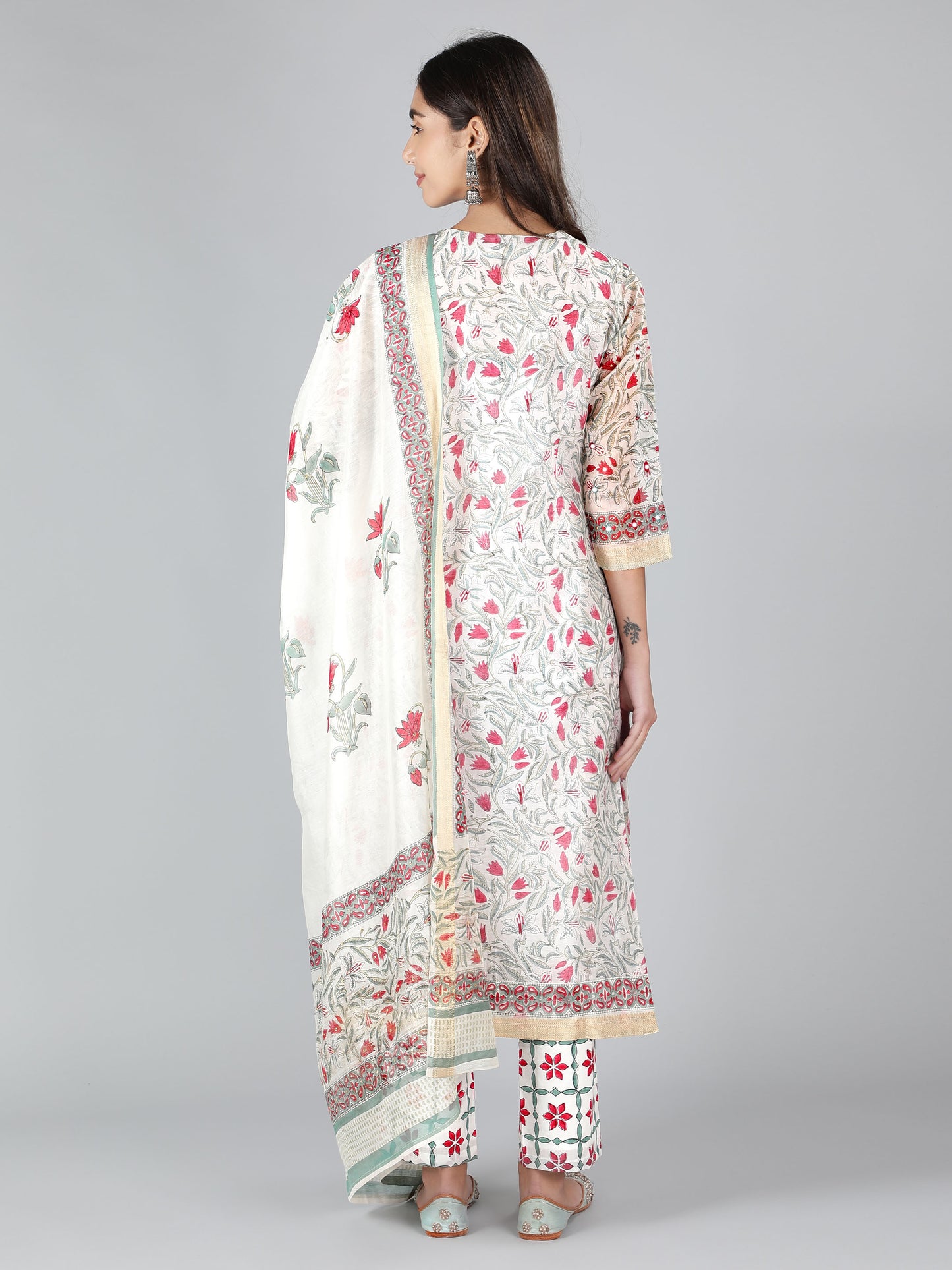 Pearl White With Multi Hued Florals In Red And Green