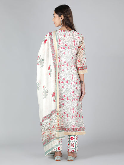 Pearl White With Multi Hued Florals In Red And Green