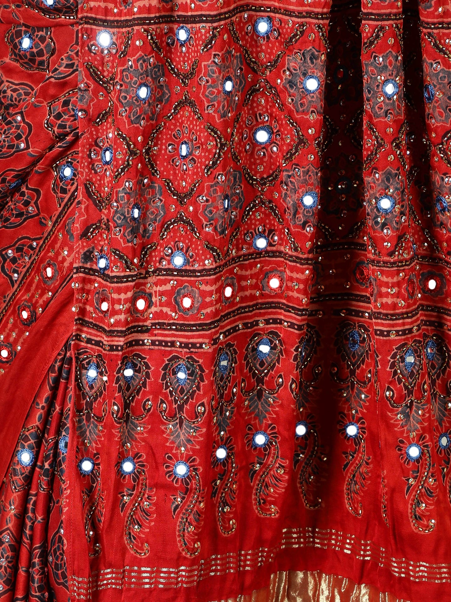 Vermillon Red With Turquoise Accents Ajrakh Saree With Zari Pallu