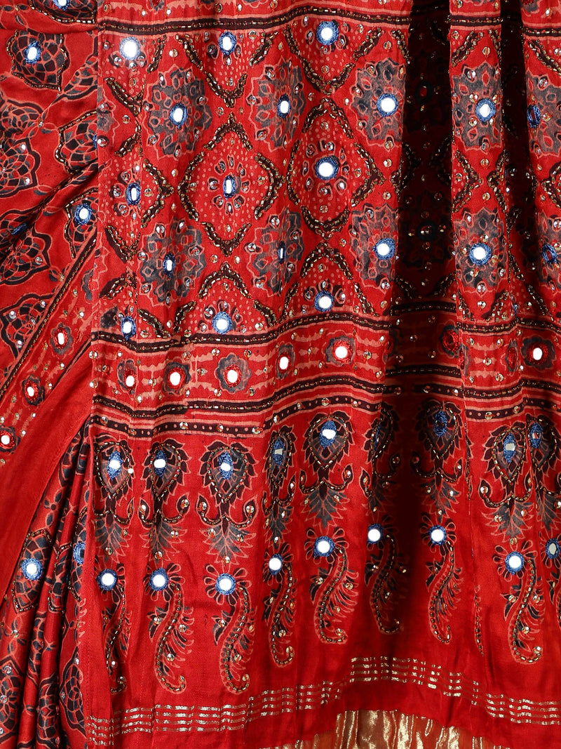 Vermillon Red With Turquoise Accents Ajrakh Saree With Zari Pallu