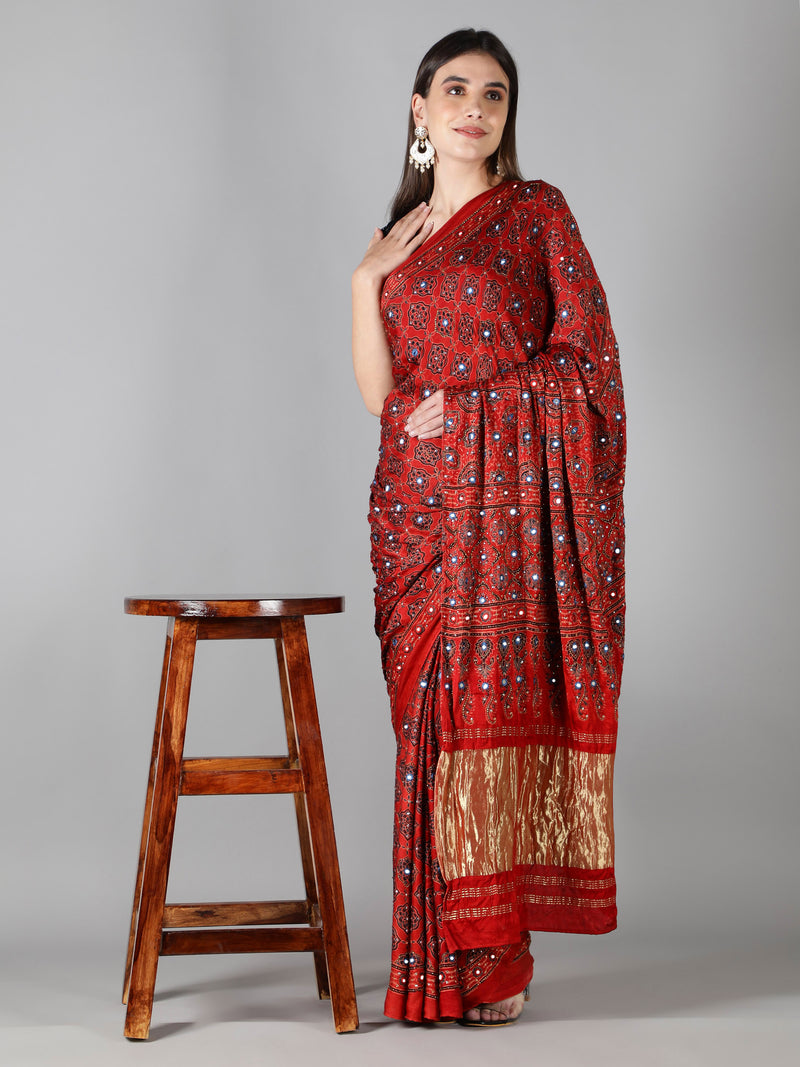 Ajrakh Modal Silk Red & Black Zari Pallu saree