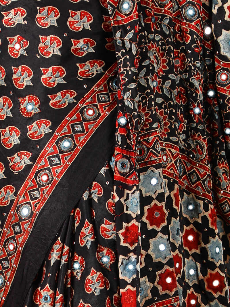 Midnight Black, Multi Colour Star Ajrakh Saree