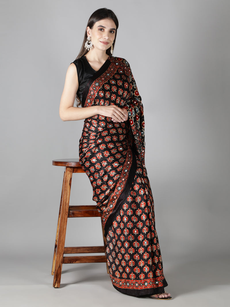 Midnight Black, Multi Colour Star Ajrakh Saree