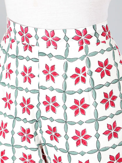 Pearl White With Multi Hued Florals In Red And Green