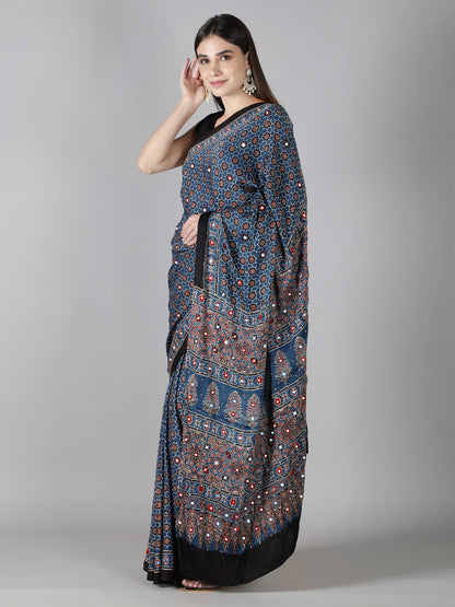 Sapphire Blue Star Ajrakh Saree