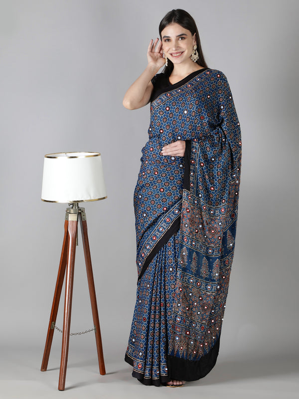 Sapphire Blue Star Ajrakh Saree