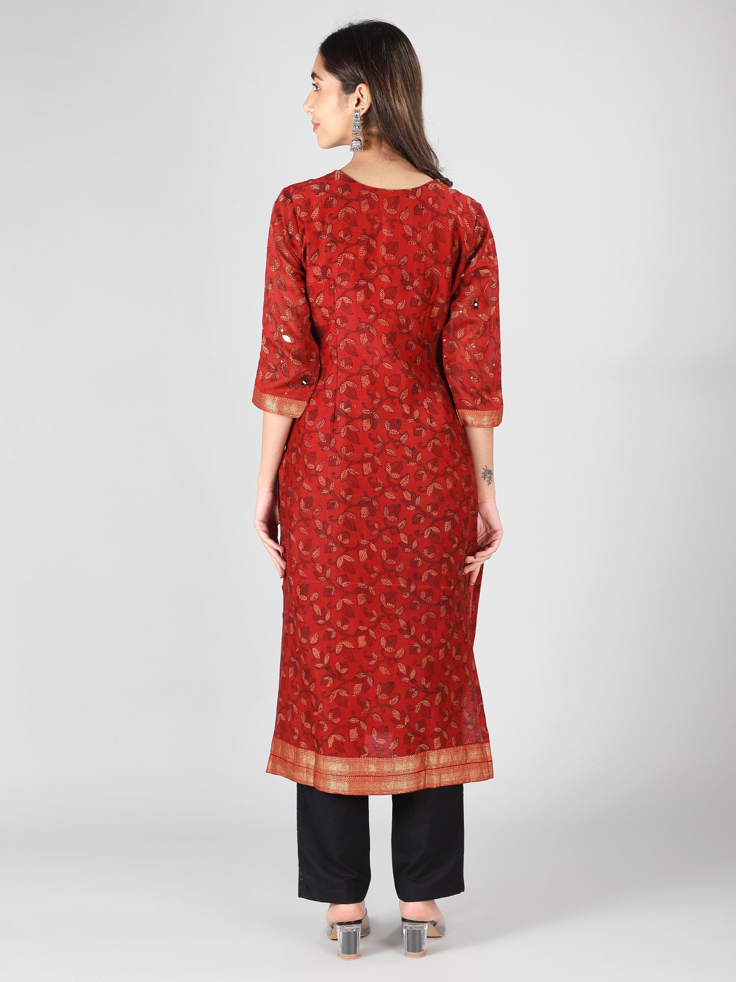 Brick Red With Midnight Black With Foliage Print