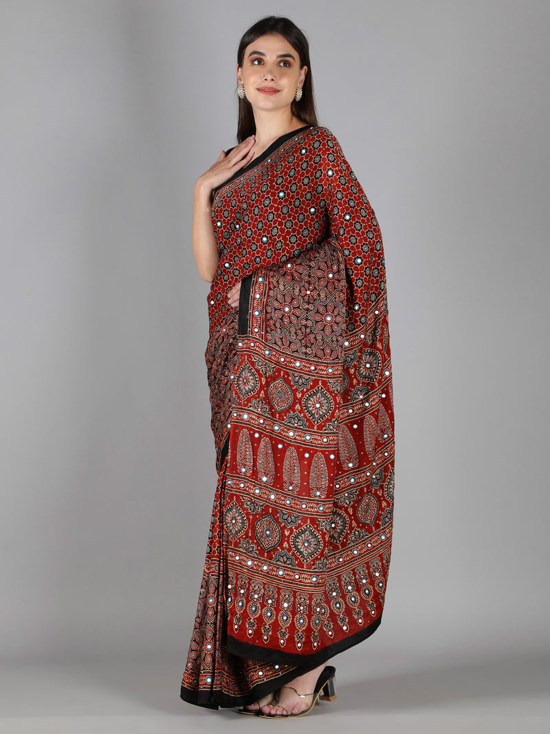 Scarlet Red Star Ajrakh Saree