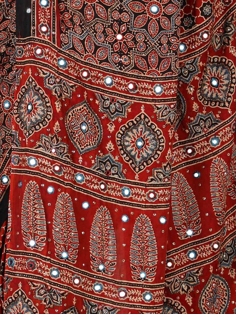 Scarlet Red Star Ajrakh Saree