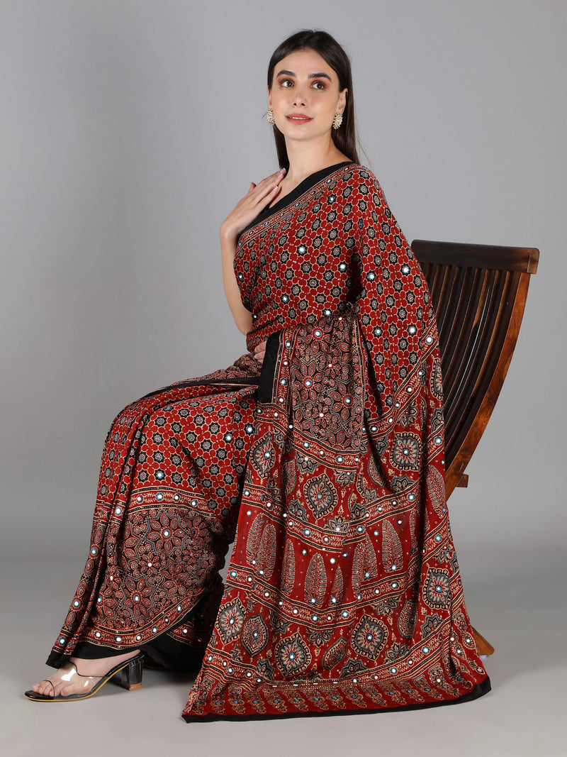 Scarlet Red Star Ajrakh Saree