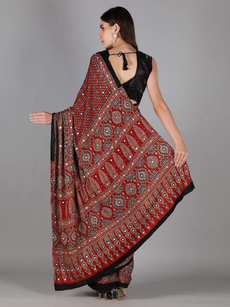 Scarlet Red Star Ajrakh Saree