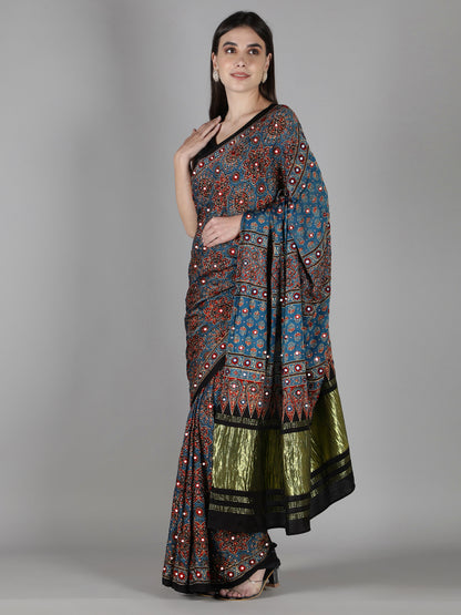 Prussian Blue With Rust Accents, Zari Pallu Ajrakh Saree