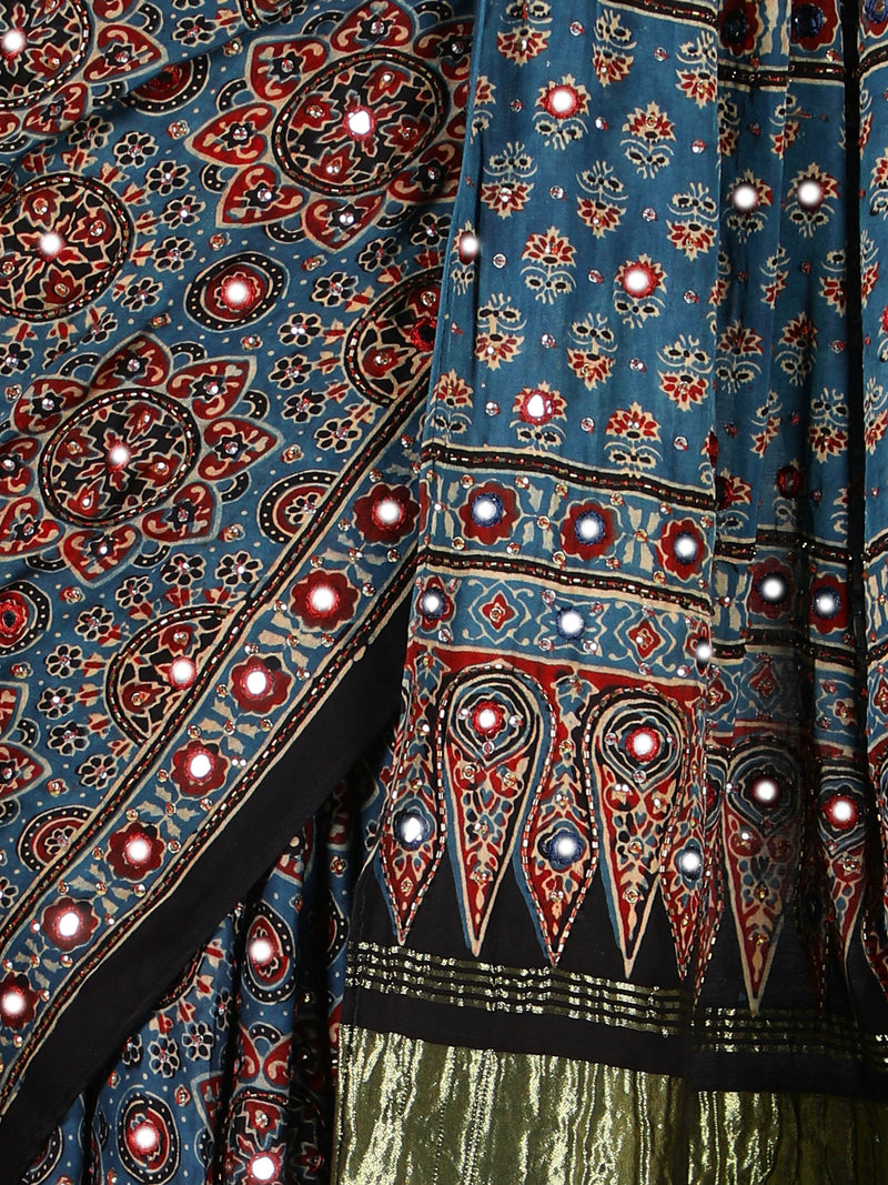 Prussian Blue With Rust Accents, Zari Pallu Ajrakh Saree