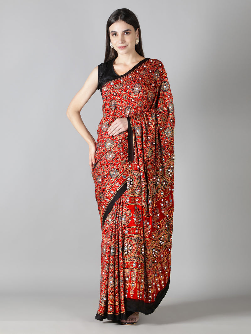 Crimson Red Ajrakh Saree