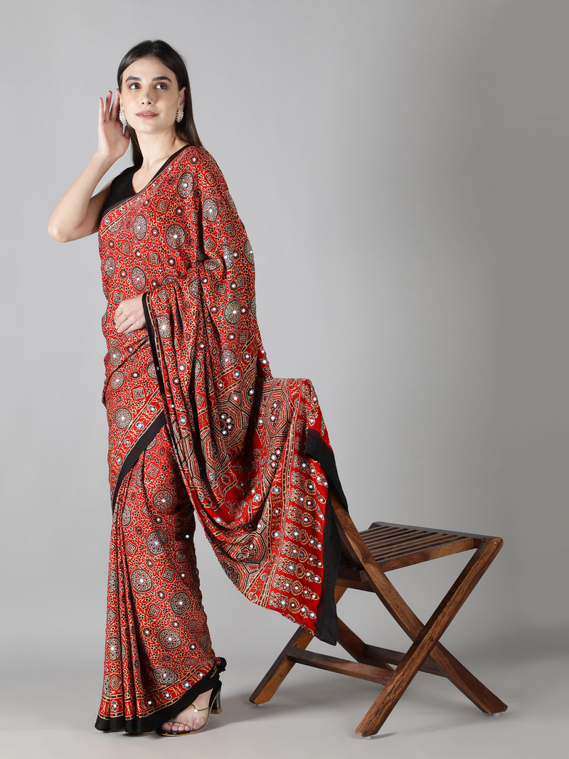 Crimson Red Bandhani Gota patti & Sequins Pure Chinon Saree - ALBIS Online