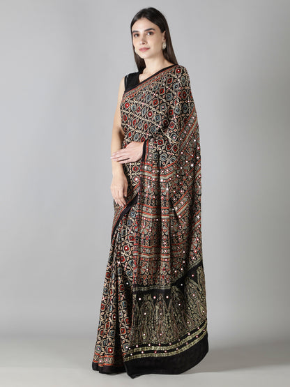 Black And Sapphire Blue Multi Hued Ajrakh Saree With Zari Pallu