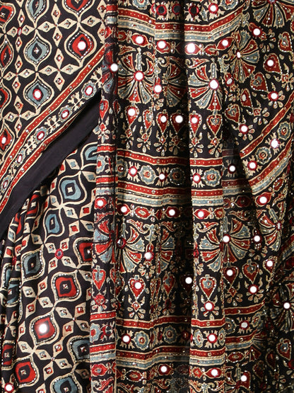 Black And Sapphire Blue Multi Hued Ajrakh Saree With Zari Pallu