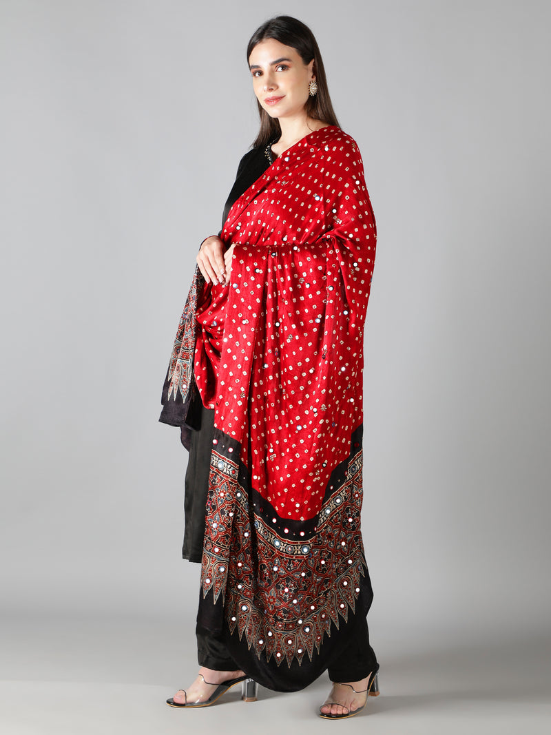 Deep Crimson Red Bandhej, Ajrakh Pallu Dupatta