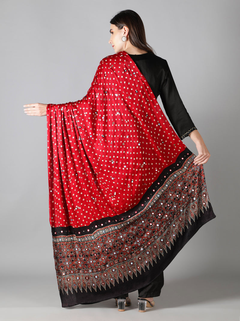 Deep Crimson Red Bandhej, Ajrakh Pallu Dupatta