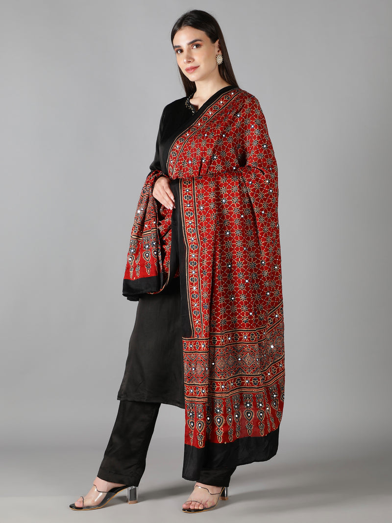 Vermillon Red And Turquioise Ajrakh Dupatta