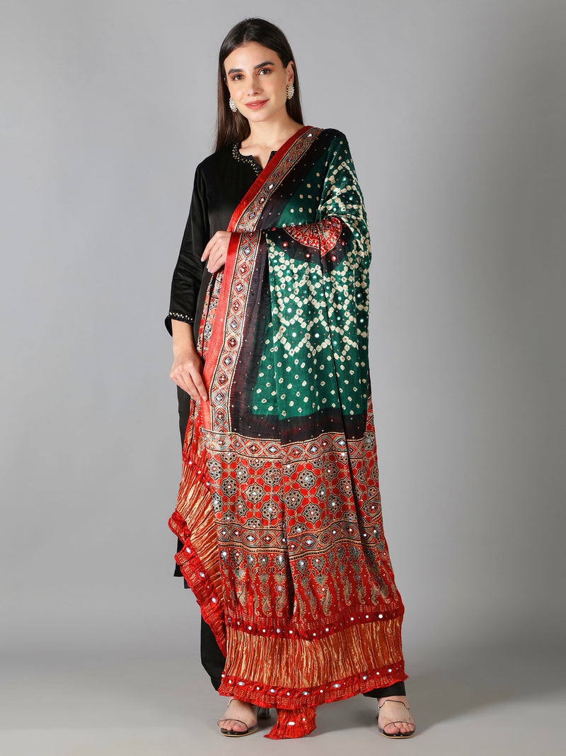 Emerald Green Bandhej With Zari Pallu Ajrakh Dupatta