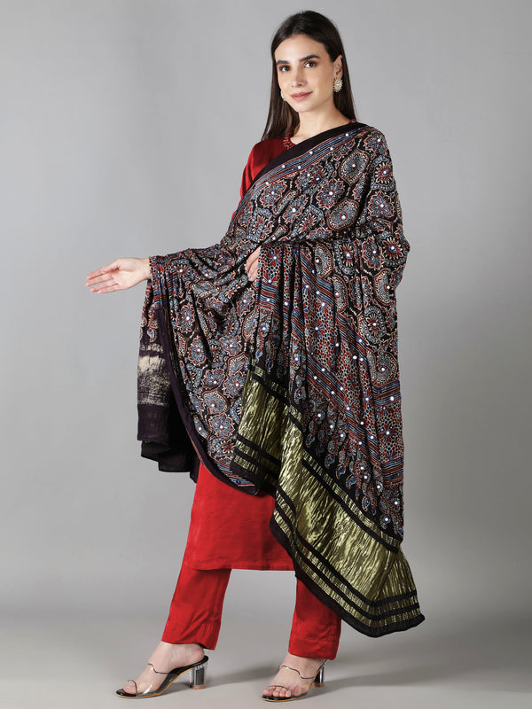 Charcoal Black With Multi Hued Accents Ajrakh Dupatta