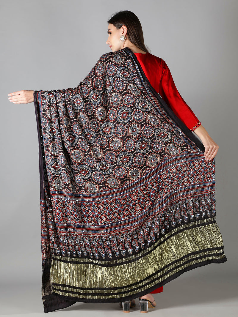 Charcoal Black With Multi Hued Accents Ajrakh Dupatta