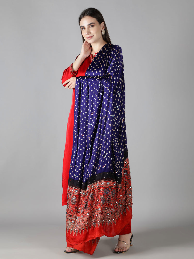 Violet Bandhej With Red Ajrakh Pallu Dupatta