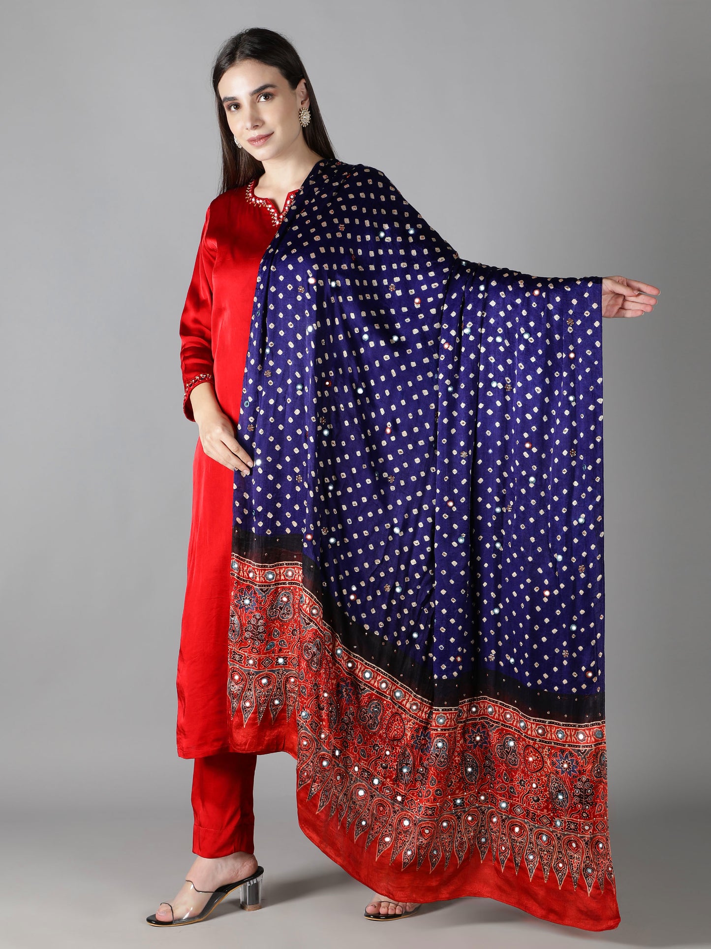 Violet Bandhej With Red Ajrakh Pallu Dupatta