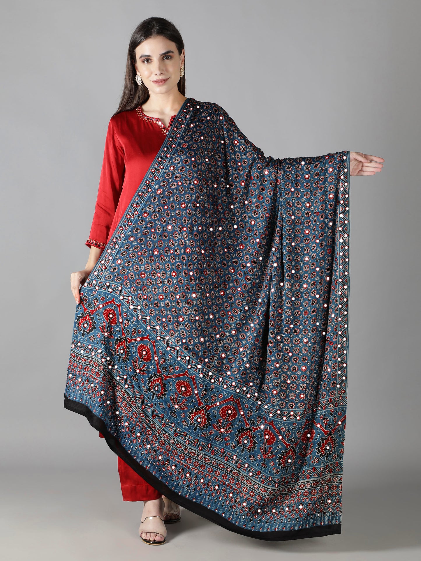 Prussian Blue Star Ajrakh Dupatta